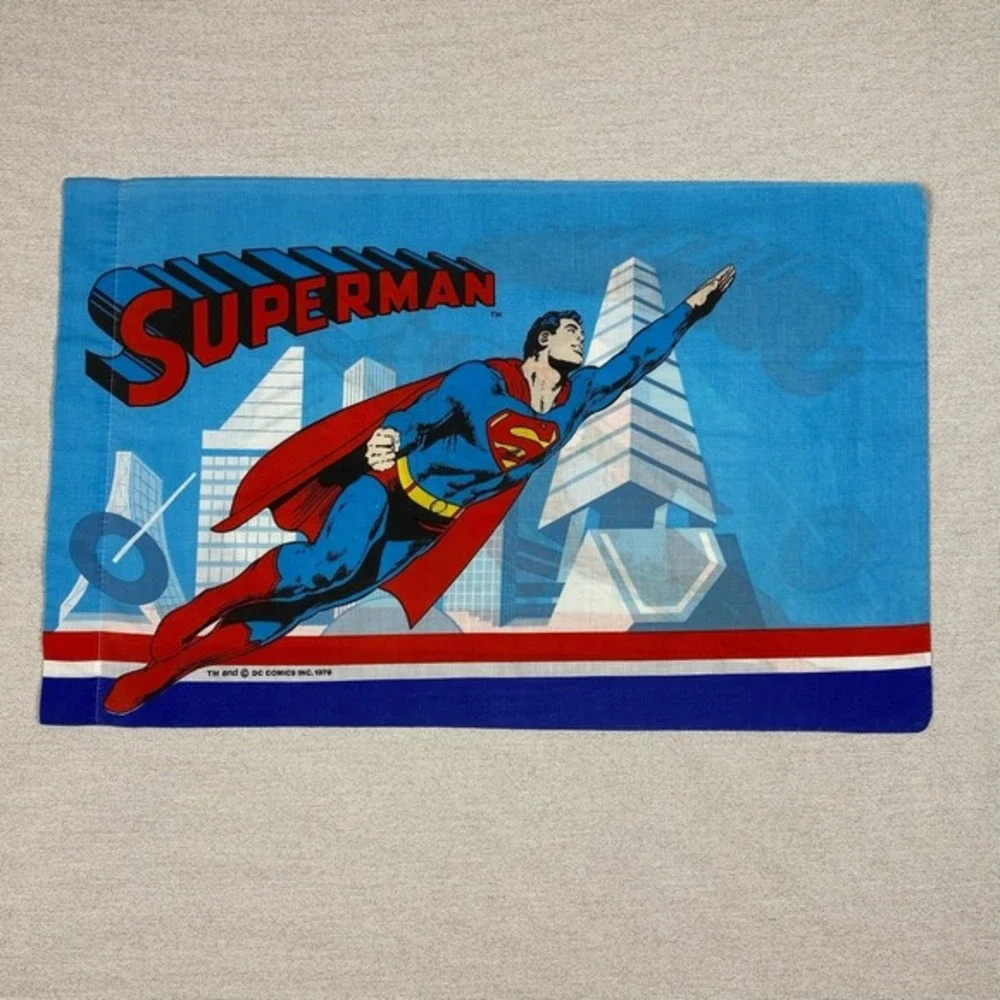 Vtg 70s Wamsutta Superman 2 Twin Sheet SET Bunk Beds Red‎ White Blue